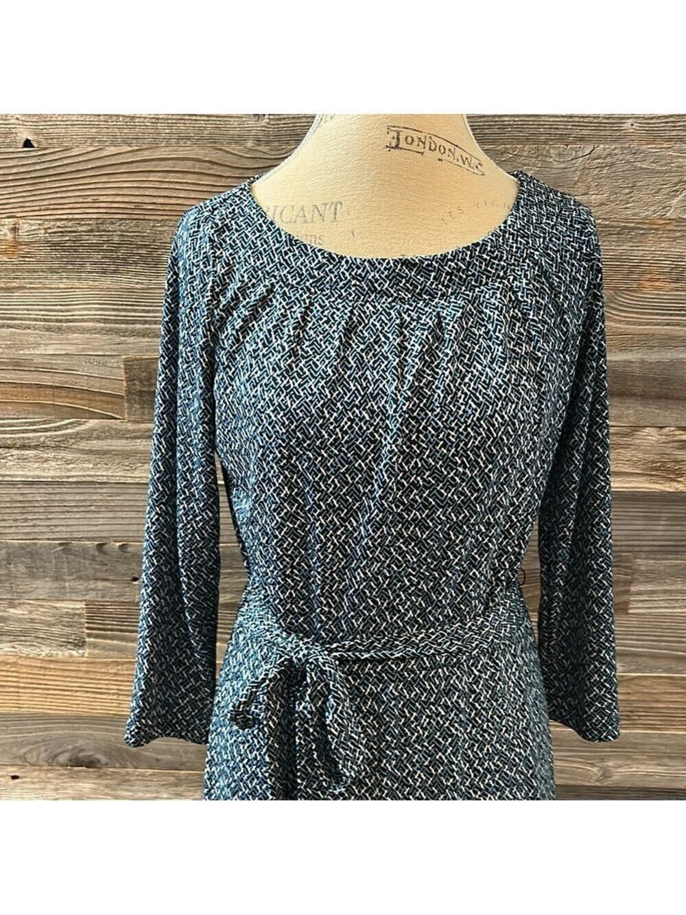 Lands End Blue Patterned Midi Tie Waist 3/4 Length Sleeve Dress Size XS 2-4 - Picture 2 of 9